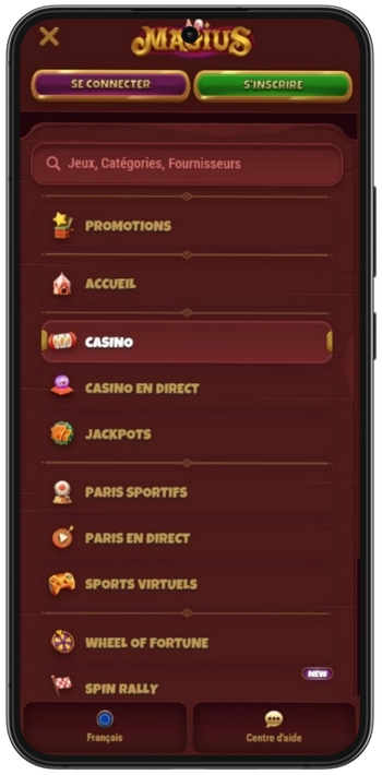 Menu de navigation Magius Casino en ligne